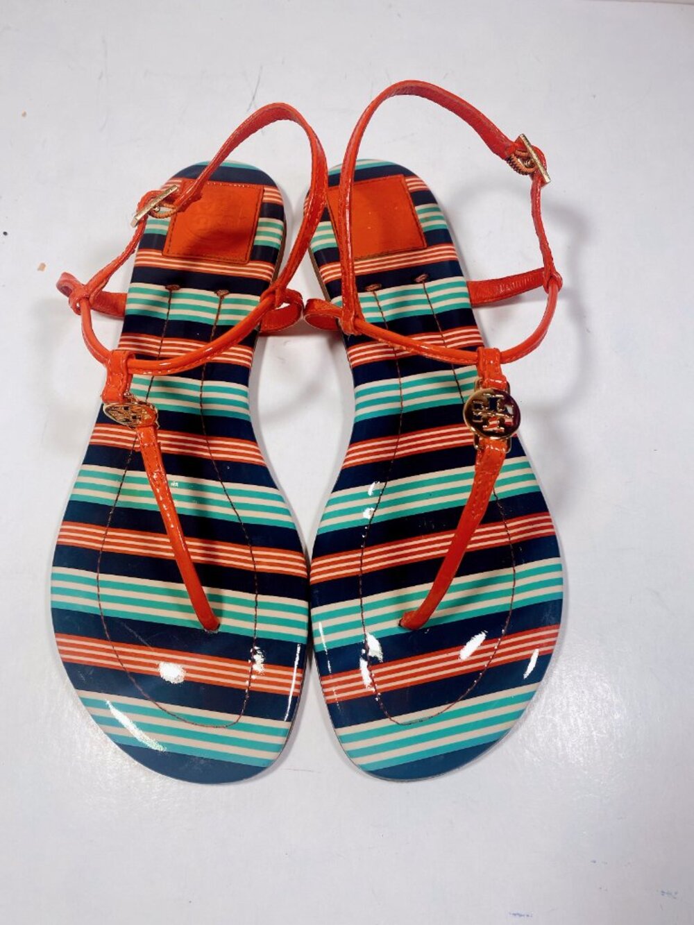 Tory Burch Navy, Red, Teal and Cream Striped Patent Sandals